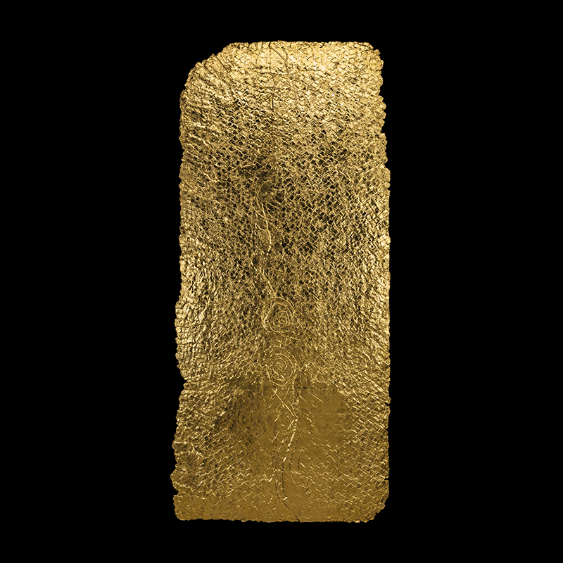 Estela 19, 1996. 180×80 cm; lino, gesso, acrílico y hoja de oro.