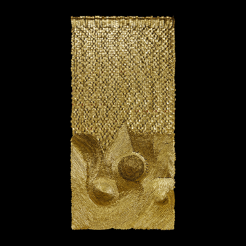 Poblado D, 2015. 200×100 cm; lino, gesso, acrílico y hoja de oro.