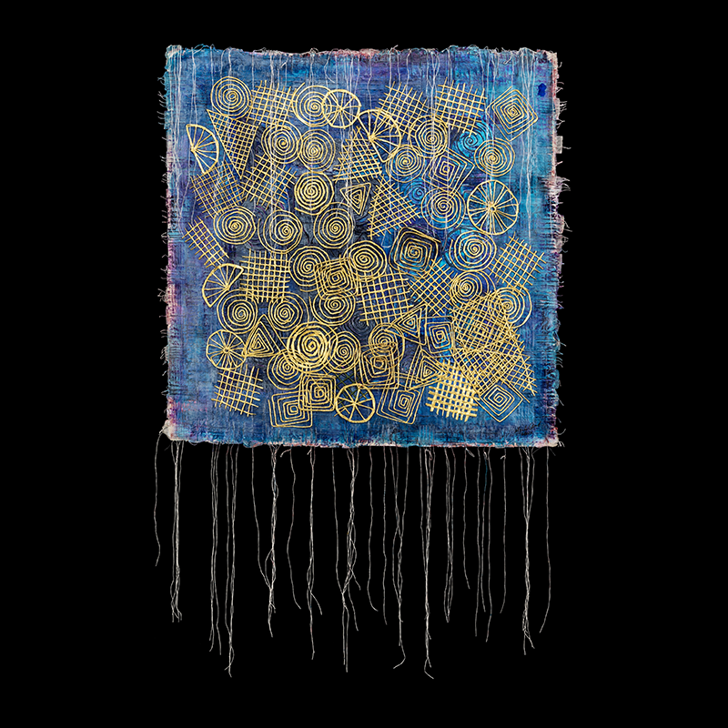 Nébula 7, 2015. 80×80 cm; papel japonés, lino, gesso, acrílico y hoja de oro.