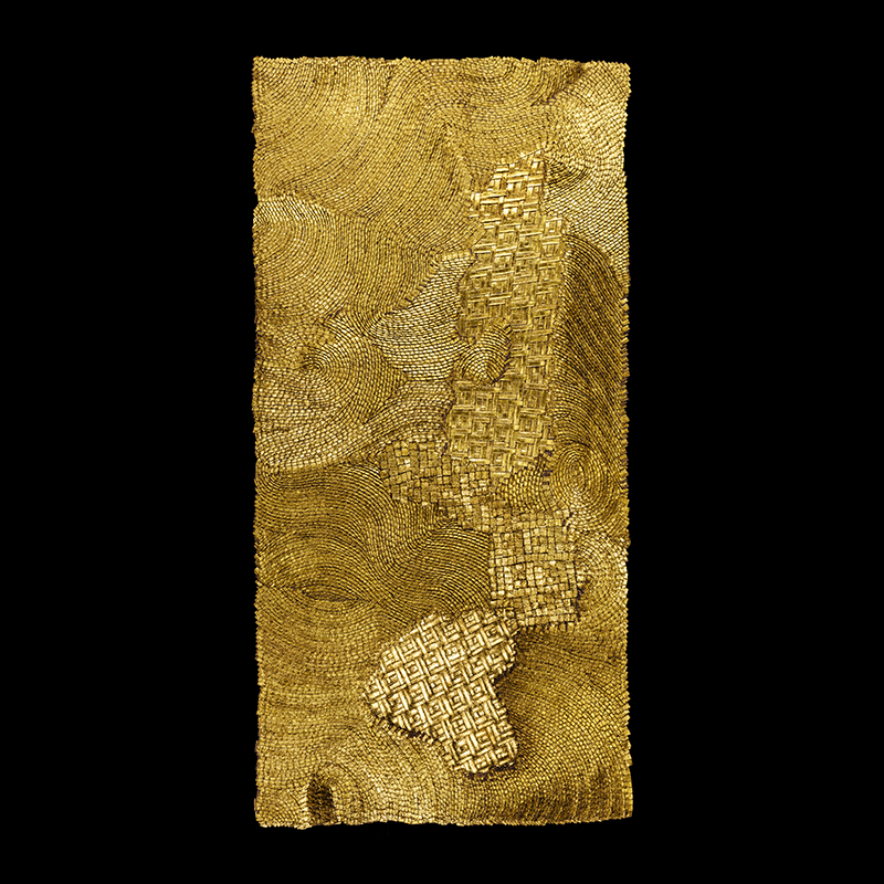 Poblado G, 2015. 200×100 cm; lino, gesso, acrílico y hoja de oro.