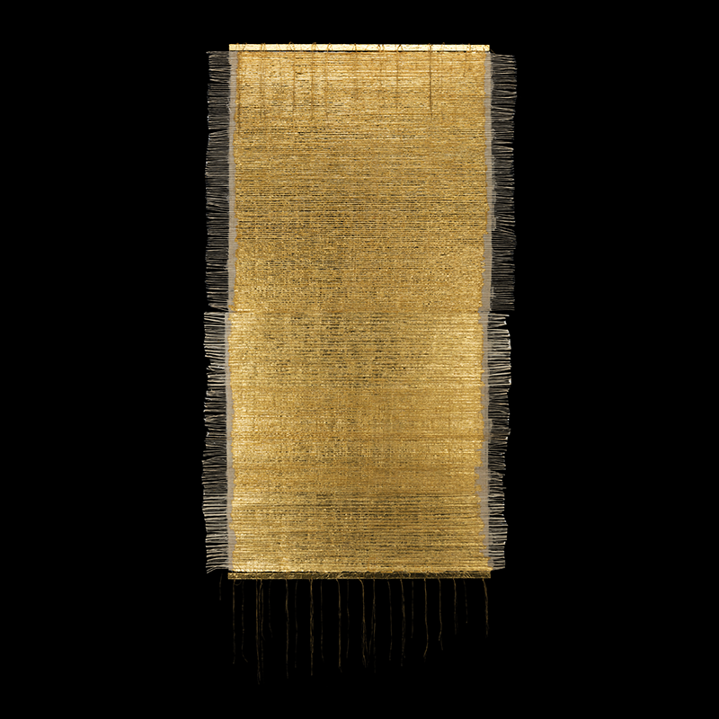 Sendero, 2016. 165×90 cm; lino, gesso, acrílico, papel japonés y hoja de oro.