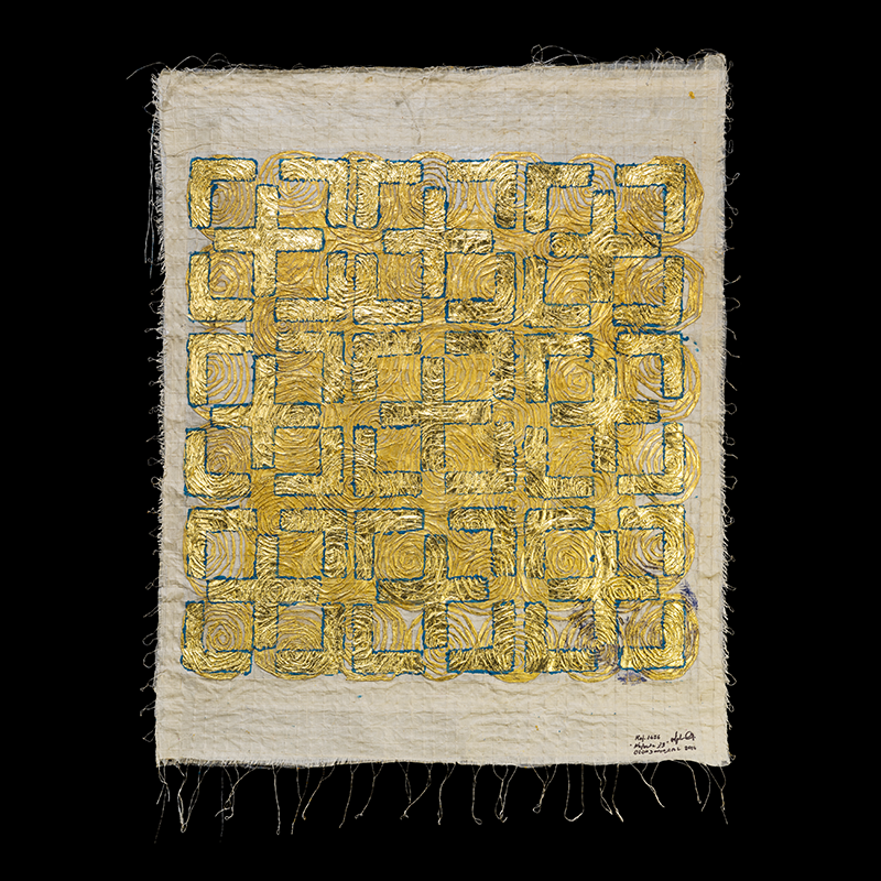 Nébula 23, 2018. 80×75 cm; lino, gesso, acrílico, papel japonés y hoja de oro.